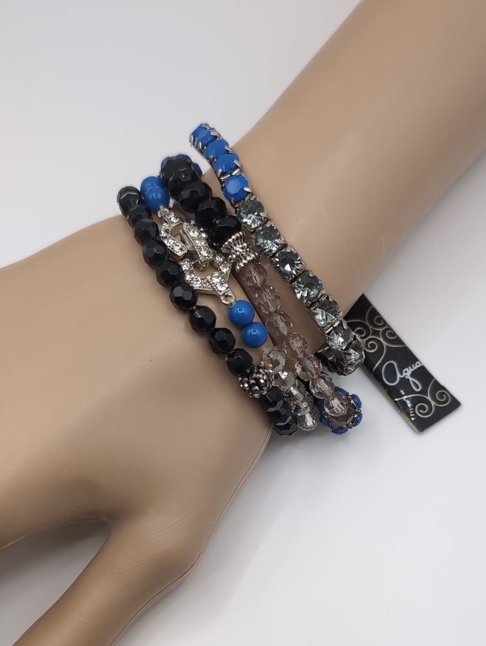AQUA Brand Set Of 4 Stretch Bracelets Silver, Blue & Black NWT $48